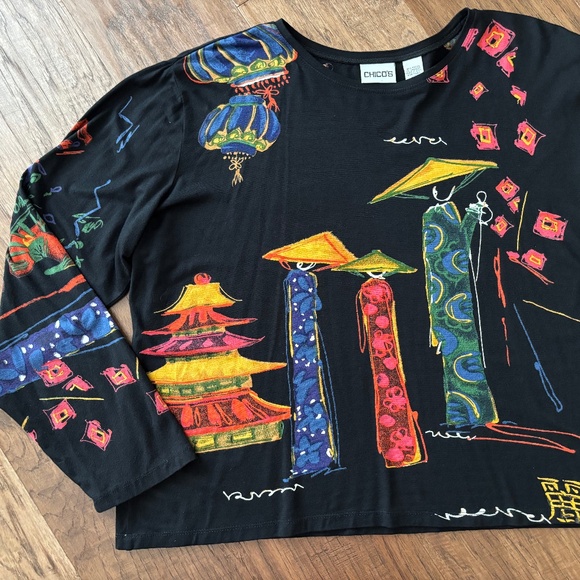 Chico's Size 3 Black Red Asian Inspired Print Long Sleeve Top Women's Size XL - Picture 1 of 14